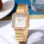 Bamboo strap square watch [Gold White]
