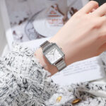 Bamboo strap square watch [Silver White]